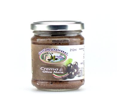 Crema di olive nere:Ideale per la preparazione di antipasti, da spalmare su bruschette. Può essere utilizzato anche come condimento di primi e secondi piatti.