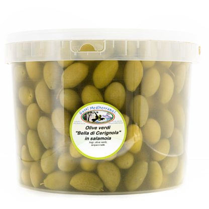 Olive verdi Bella di Cerignola, prodotto caratteristico pugliese, giganti sia nella grandezza che nel sapore, gustose e stuzzicante al palato. Ottime per accompagnare aperitivi o come contorno di secondi piatti.